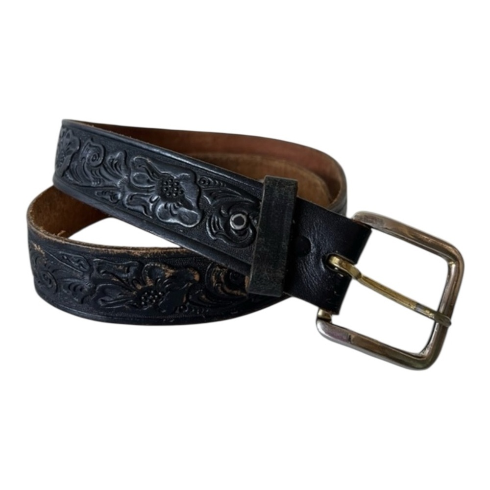 Torel Black Leather Sheridan Tooled Belt Size 34 Silver Buckle Made in Texas
